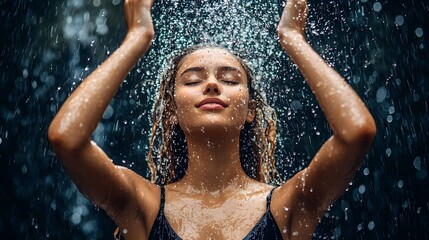 Obraz premium A vibrant and energy filled moment as a young woman celebrates the playful nature of water and her own vibrant vitality The image evokes feelings of brightness freshness