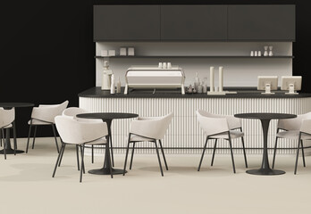 MInimal Coffee shop restaurant design modern style, white counter and gloss beige background ,Wall back counter pastel decor. 3d render	