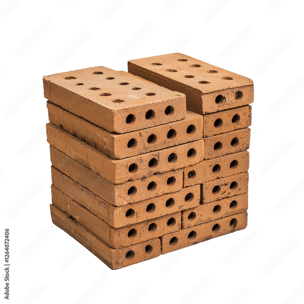 Poster stack of red clay bricks with holes for construction and building material use
