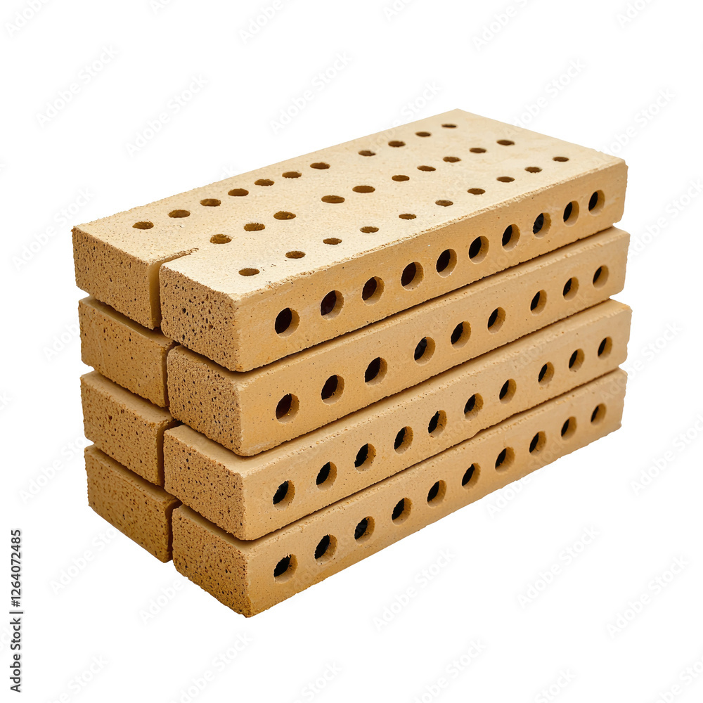 Poster stacked clay bricks with holes for structural and aesthetic uses in construction and design projects