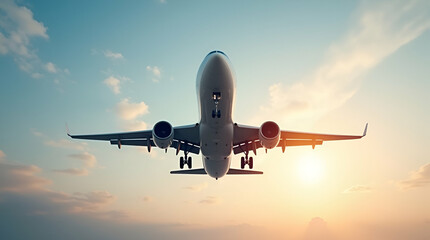 Obraz premium Airplane Flying Low Against a Golden Sunset