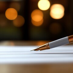 Fototapeta premium Fountain pen signing document; bokeh background; contract signing