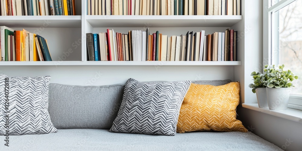 Poster home staging concepts. cozy reading nook with colorful pillows and a bookshelf view.