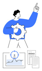 Man holds gear symbol while pointing upward. Chart measures data trends, invoice suggests financial management. Ideal for innovation, optimization, strategy, analysis, finance, productivity abstract