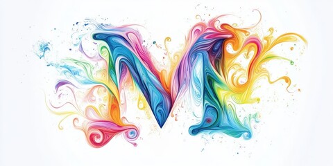 A vivid 'M' bursts with color—blues, greens, yellows, oranges, and reds blend in a dynamic, abstract dance. Each hue creates an energetic composition that captures the eye