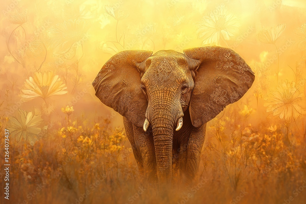 Aufkleber elephant standing among wildflowers during golden hour in a tranquil natural setting with soft light