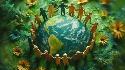 A circular arrangement of paper figures surrounds a globe, set against a backdrop of lush green leaves, symbolizing unity and environmental awareness.