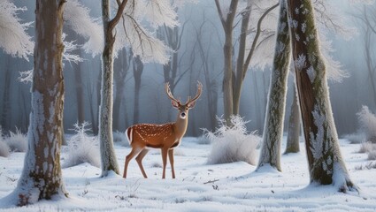 Fototapeta premium Deer stands alert in a snowy forest wonderland