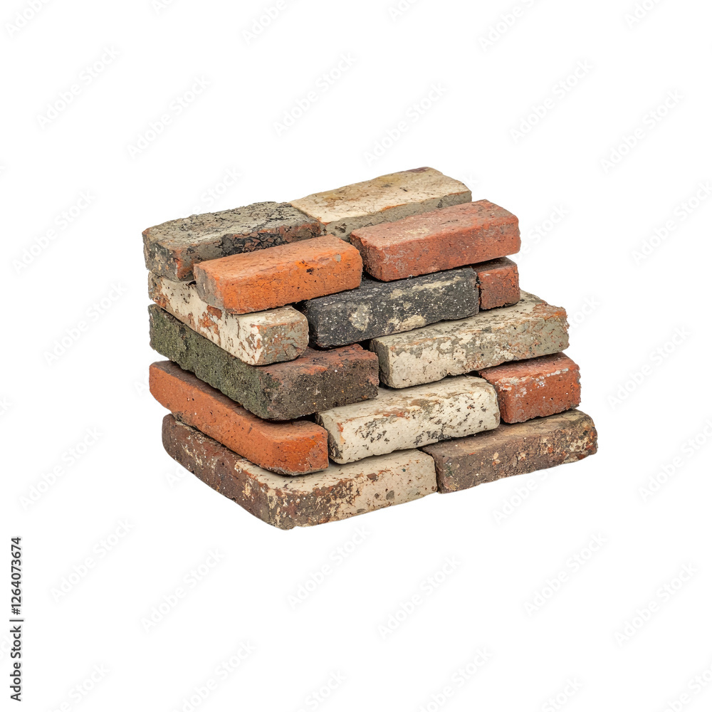 Poster stacked vintage bricks with various colors and textures for construction and design projects