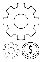 Large and small gear with a coin featuring a dollar sign. Ideal for work efficiency, business strategy, process optimization, wealth management, industrial growth, system advancement, abstract line