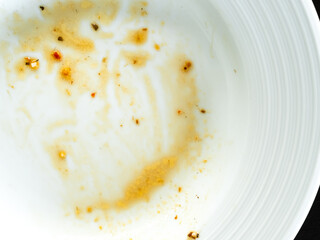 Dirty plate top view background, finished eat dinner in restautant, abstract textuer stain smearing drip sauce bbq jam chilli jelly on ceramic breakfast, concept for clean hyginene product.