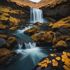 A vibrant autumn scene of a hidden Icelandic waterfall, golden leaves floating on the clear water.