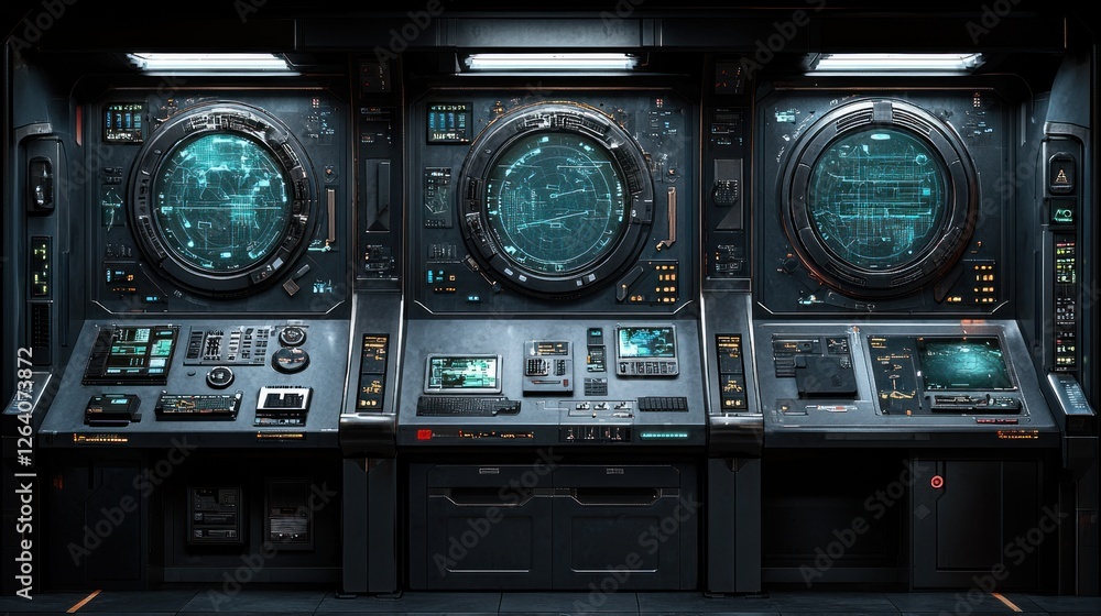 Poster futuristic control panel: sci-fi spaceship bridge console interface