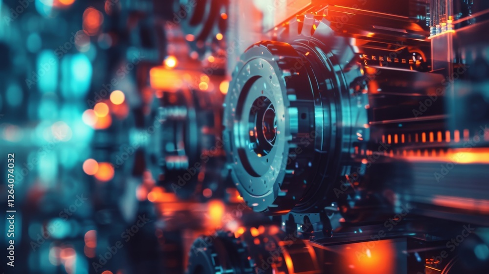 Aufkleber a highly detailed and futuristic close-up of interlocking mechanical gears, illuminated by a cyberpu