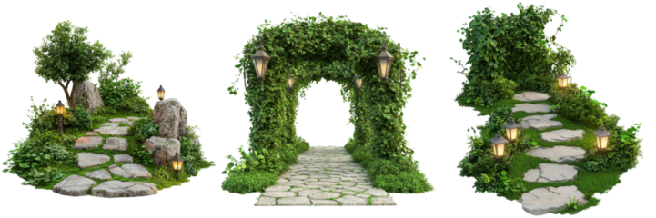 Enchanted Garden Pathways with Lush Greenery and Lanterns