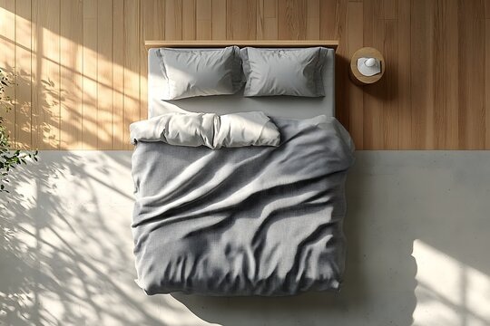 Overhead view of cozy bed in bright room with sunlight