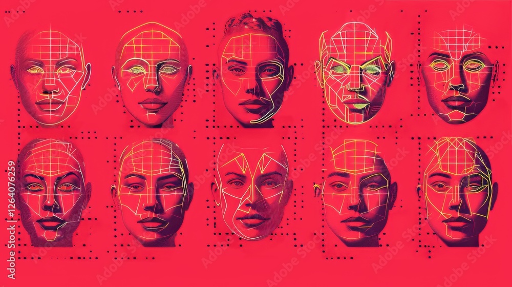 Poster a vibrant digital artwork showcasing ai-driven facial recognition technology, featuring geometric fa