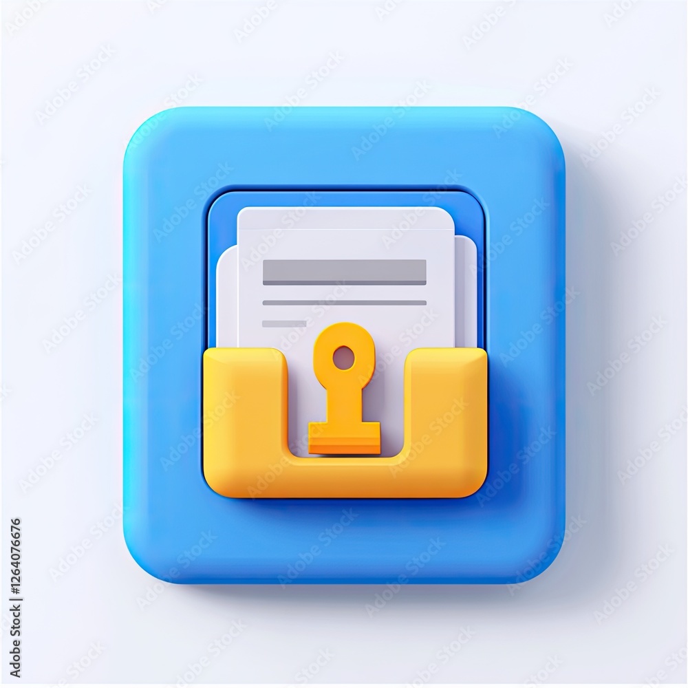 Poster 3d document folder icon with key, digital, on white background