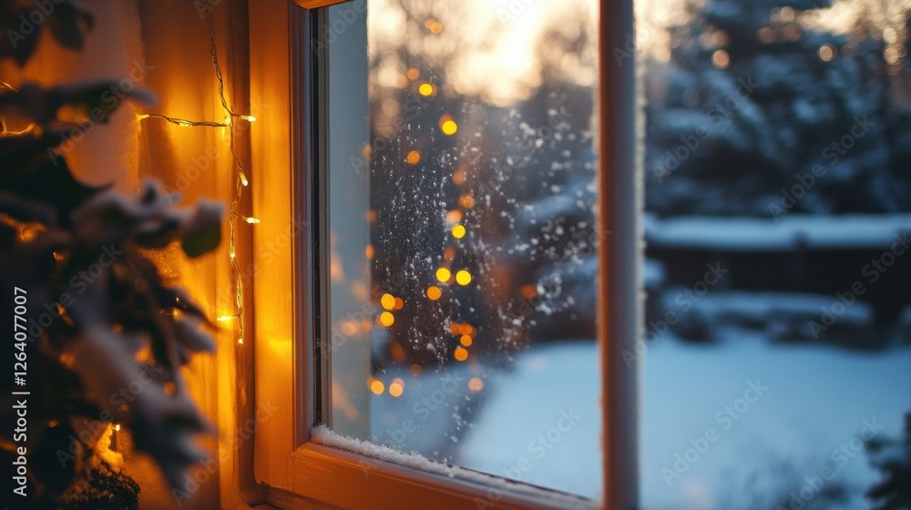 Fototapete winter evening view from a cozy home window with snow and warm lights creating a comforting atmosphe