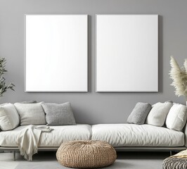 Modern Living Room Mockup: Two large blank canvases hang above a stylish white sectional sofa, complemented by textured throw pillows, a woven pouf, and pampas grass.