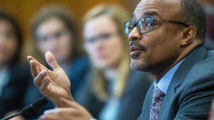 Close up of a politician gesturing with his hand while speaking passionately into a microphone during a press conference, conveying his message to the audience