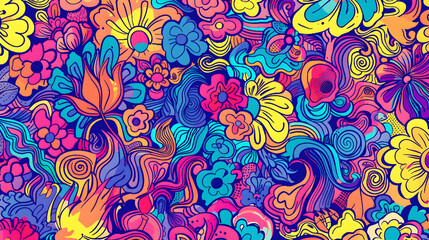 Vibrant abstract floral pattern showcasing colorful flowers and swirling designs, perfect for backgrounds