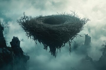A colossal birds nest floats above misty mountains