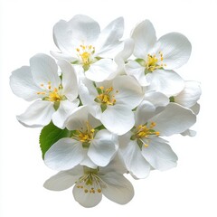 Fototapeta premium Apple Blossom Bouquet: Delicate cluster of pristine white apple blossoms, showcasing their intricate details and vibrant yellow centers, creating a serene and elegant springtime image. 