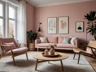 Fototapeta premium Elegant Pink Living Room Decor With Modern Furniture