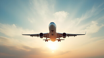 Fototapeta premium Front View of an Airplane Flying Against a Bright Sky at Sunset