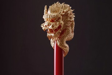 Golden Dragon Head Atop Red Column Elegant Decor