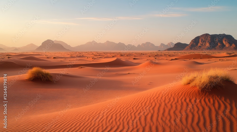 Poster vast desert landscape features golden sand dunes and distant mountains during sunset hours in a tran