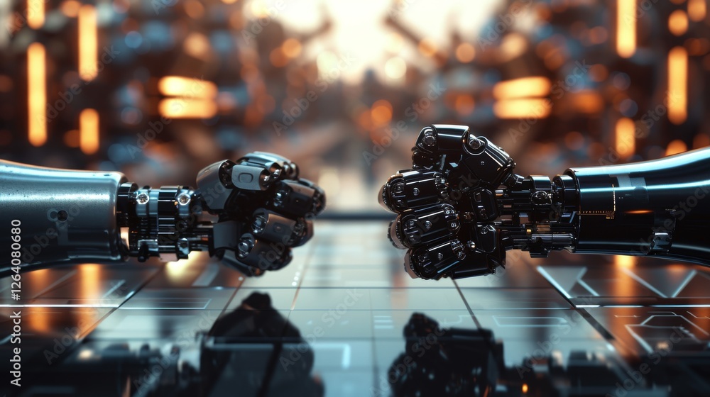 Poster two advanced robotic hands fist-bumping in a futuristic high-tech setting, symbolizing ai collaborat