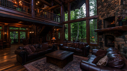 Luxurious log cabin living room, forest view