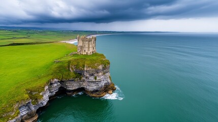 Scenic Coastal View of a Historic Castle on a Cliff over Serene Ocean Waters