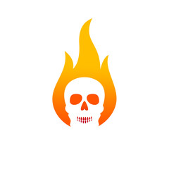 Graphic icon of a skull, centered and enveloped in orange and yellow flames. Uploaded file to the stock photo site.