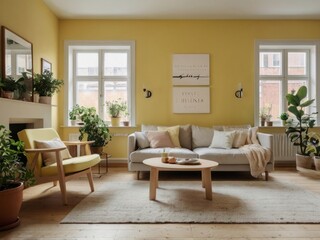 Fototapeta premium Yellow Living Room Decor With Plants And Sofa