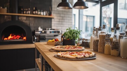 Cozy pizzeria with a wood-fired oven and fresh ingredients on the counter