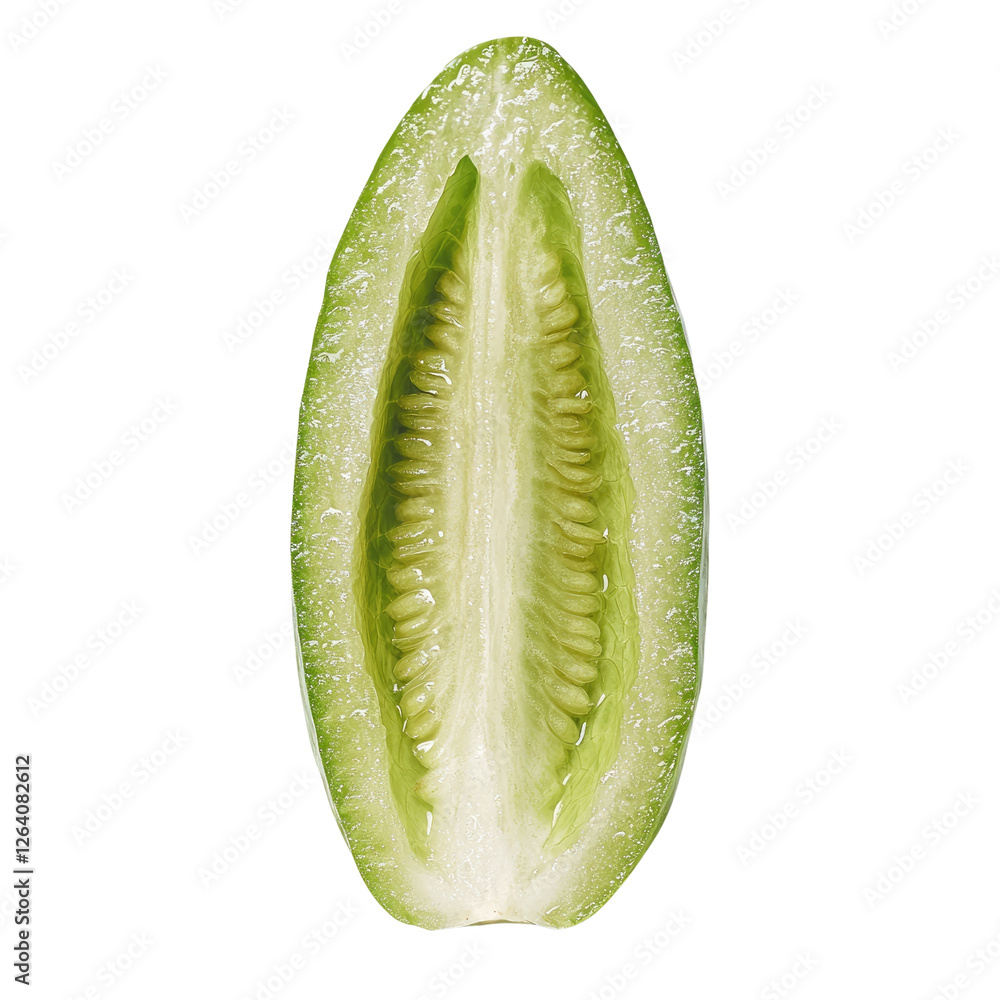 Poster freshly sliced green cucumber half isolated on white background with visible seeds and texture detai