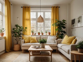 Stylish Living Room Decor Featuring Yellow Curtains and Plants