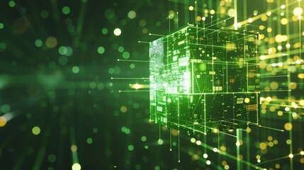 Obraz premium A futuristic data cube with AI-powered processing elements, emitting a green glow with abstract cyber connections, symbolizing artificial intelligence and innovation. AI generated.