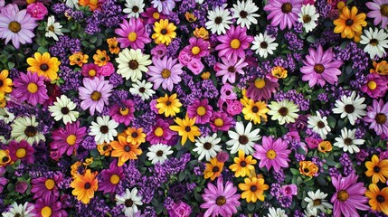 A bright and colorful garden of mixed flowers, including lavender and daisies, with room for copy space.
