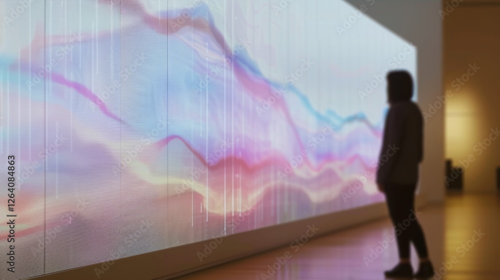Poster a person observing a large digital screen with colorful flowing data lines. the futuristic scene hig