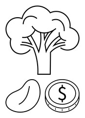 Tree, bean, and coin representing nature, plant-based nutrition, and money. Ideal for sustainability, healthy eating, agriculture, environment economy eco-friendliness abstract line flat metaphor