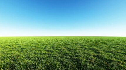 Obraz premium Lush green field under clear blue sky; panoramic view, nature background; website banner