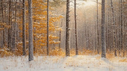 Obraz premium Snowy forest path, winter sunlight, golden leaves, snowfall background, nature scene