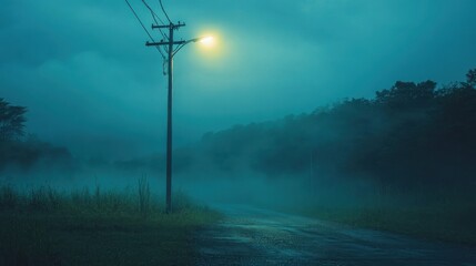 Foggy road night lamppost rural scene