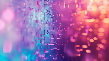 A visually striking abstract image of interconnected puzzle pieces illuminated by vibrant purple, pink, and blue lights. The blurred bokeh effect adds depth and a futuristic feel. AI generated.