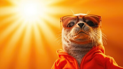 Naklejka premium A cool seal wearing sunglasses and an orange hoodie, basking under the sunlight.