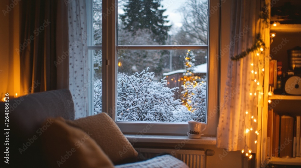 Poster cozy winter evening viewed from indoors with snow and soft lighting outside. generative ai